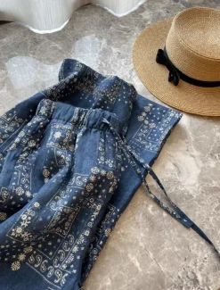 Women's Cotton Linen Pants Wide Leg Chinos Vacation Vintage Ethnic Style Full Length Mid Waist Paisley Drawstring Elastic Waist Comfy Breathability Soft Inelastic Vacation Causal Casual Blue Summer