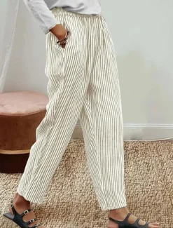 Women's Cotton Linen Pants Baggy Pants Linen Like Vacation Vintage Hawaiian Full Length High Waist Graphic Striped Printing Thermal Warm Breathable Soft Micro-elastic Vacation Daily Going out