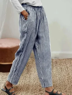 Women's Cotton Linen Pants Baggy Pants Linen Like Vacation Vintage Hawaiian Full Length High Waist Graphic Striped Printing Thermal Warm Breathable Soft Micro-elastic Vacation Daily Going out