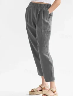 Women's Cotton Linen Pants Pants Trousers Palazzo Pants Fashion Streetwear Comfort Full Length High Waist Plain Elastic Waist Comfy Outdoor Comfortable Street Daily Wear Going out Dark Grey Black