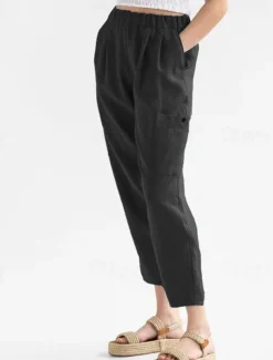 Women's Cotton Linen Pants Pants Trousers Palazzo Pants Fashion Streetwear Comfort Full Length High Waist Plain Elastic Waist Comfy Outdoor Comfortable Street Daily Wear Going out Dark Grey Black