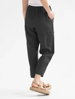 Women's Cotton Linen Pants Pants Trousers Palazzo Pants Fashion Streetwear Comfort Full Length High Waist Plain Elastic Waist Comfy Outdoor Comfortable Street Daily Wear Going out Dark Grey Black