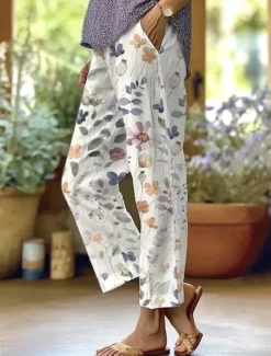 Women's Cotton Linen Pants Baggy Pants Linen Like Beach Shorts Vacation Vintage Fashion Full Length High Waist Floral Graphic Printing Breathable Soft Micro-elastic Vacation Causal Casual Gray Green