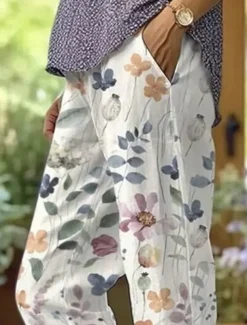 Women's Cotton Linen Pants Baggy Pants Linen Like Beach Shorts Vacation Vintage Fashion Full Length High Waist Floral Graphic Printing Breathable Soft Micro-elastic Vacation Causal Casual Gray Green