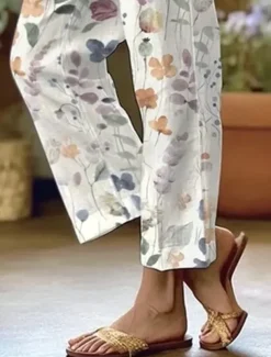 Women's Cotton Linen Pants Baggy Pants Linen Like Beach Shorts Vacation Vintage Fashion Full Length High Waist Floral Graphic Printing Breathable Soft Micro-elastic Vacation Causal Casual Gray Green