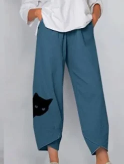 Women's Cotton Linen Pants Chinos Capri shorts Streetwear Simple Casual Ankle-Length Mid Waist Cat Baggy Print Breathable Soft Outdoor Micro-elastic Outdoor Vacation Casual Daily Navy Purple Khaki