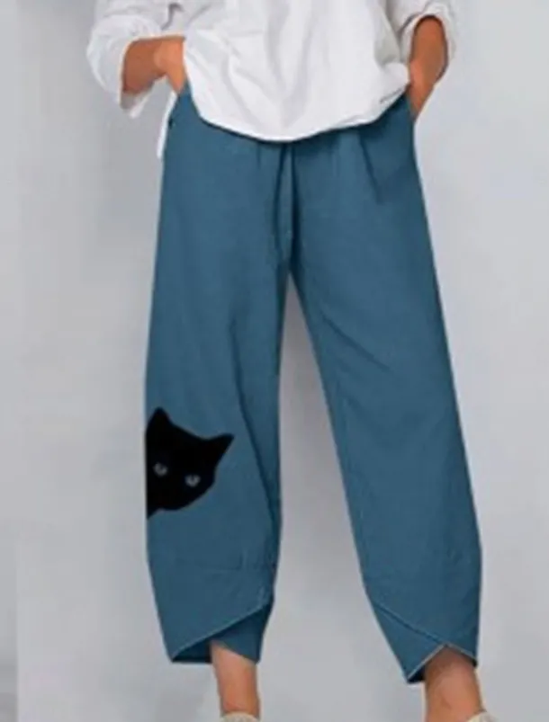 Women's Cotton Linen Pants Chinos Capri shorts Streetwear Simple Casual Ankle-Length Mid Waist Cat Baggy Print Breathable Soft Outdoor Micro-elastic Outdoor Vacation Casual Daily Navy Purple Khaki