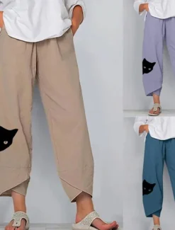 Women's Cotton Linen Pants Chinos Capri shorts Streetwear Simple Casual Ankle-Length Mid Waist Cat Baggy Print Breathable Soft Outdoor Micro-elastic Outdoor Vacation Casual Daily Navy Purple Khaki
