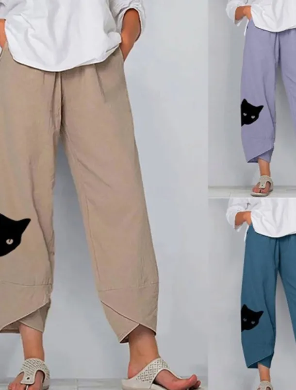 Women's Cotton Linen Pants Chinos Capri shorts Streetwear Simple Casual Ankle-Length Mid Waist Cat Baggy Print Breathable Soft Outdoor Micro-elastic Outdoor Vacation Casual Daily Navy Purple Khaki