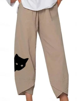 Women's Cotton Linen Pants Chinos Capri shorts Streetwear Simple Casual Ankle-Length Mid Waist Cat Baggy Print Breathable Soft Outdoor Micro-elastic Outdoor Vacation Casual Daily Navy Purple Khaki