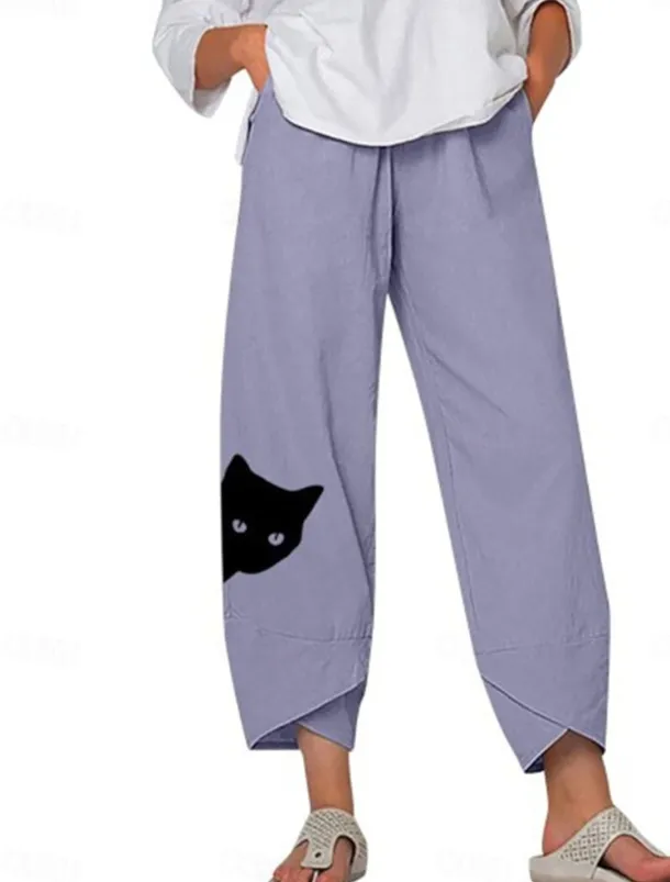 Women's Cotton Linen Pants Chinos Capri shorts Streetwear Simple Casual Ankle-Length Mid Waist Cat Baggy Print Breathable Soft Outdoor Micro-elastic Outdoor Vacation Casual Daily Navy Purple Khaki