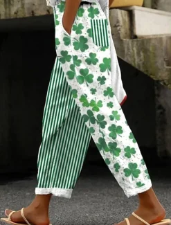 Women's Cotton Linen Pants Baggy Pants Linen Like Vintage Fashion Full Length High Waist Geometric Shamrock Lines / Waves Printing Breathable Soft Micro-elastic Outdoor Daily Linen Like
