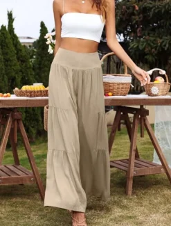 Women's Cotton Linen Pants Wide Leg Chinos Basic Casual Full Length High Waist Plain Elastic Waistband Comfy Soft Comfortable Stretchy Outdoor Street Black White Blue Light Purple Summer Spring
