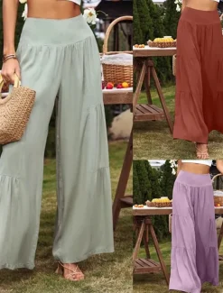 Women's Cotton Linen Pants Wide Leg Chinos Basic Casual Full Length High Waist Plain Elastic Waistband Comfy Soft Comfortable Stretchy Outdoor Street Black White Blue Light Purple Summer Spring