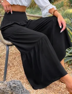 Women's Cotton Linen Pants Wide Leg Chinos Basic Casual Full Length High Waist Plain Elastic Waistband Comfy Soft Comfortable Stretchy Outdoor Street Black White Blue Light Purple Summer Spring