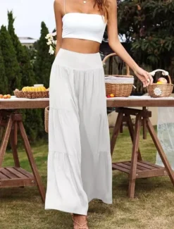 Women's Cotton Linen Pants Wide Leg Chinos Basic Casual Full Length High Waist Plain Elastic Waistband Comfy Soft Comfortable Stretchy Outdoor Street Black White Blue Light Purple Summer Spring