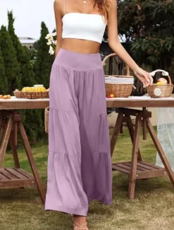 Women's Cotton Linen Pants Wide Leg Chinos Basic Casual Full Length High Waist Plain Elastic Waistband Comfy Soft Comfortable Stretchy Outdoor Street Black White Blue Light Purple Summer Spring