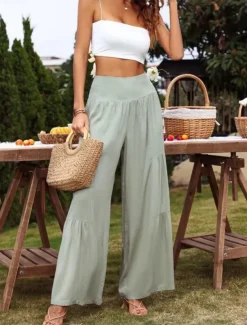 Women's Cotton Linen Pants Wide Leg Chinos Basic Casual Full Length High Waist Plain Elastic Waistband Comfy Soft Comfortable Stretchy Outdoor Street Black White Blue Light Purple Summer Spring