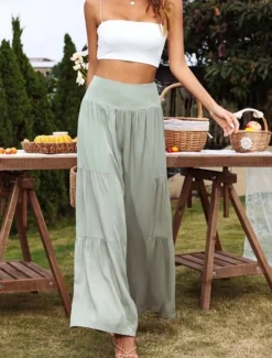 Women's Cotton Linen Pants Wide Leg Chinos Basic Casual Full Length High Waist Plain Elastic Waistband Comfy Soft Comfortable Stretchy Outdoor Street Black White Blue Light Purple Summer Spring