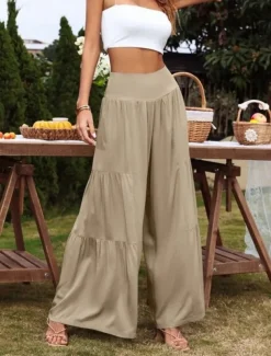 Women's Cotton Linen Pants Wide Leg Chinos Basic Casual Full Length High Waist Plain Elastic Waistband Comfy Soft Comfortable Stretchy Outdoor Street Black White Blue Light Purple Summer Spring