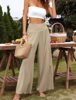 Women's Cotton Linen Pants Wide Leg Chinos Basic Casual Full Length High Waist Plain Elastic Waistband Comfy Soft Comfortable Stretchy Outdoor Street Black White Blue Light Purple Summer Spring