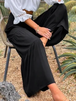 Women's Cotton Linen Pants Wide Leg Chinos Basic Casual Full Length High Waist Plain Elastic Waistband Comfy Soft Comfortable Stretchy Outdoor Street Black White Blue Light Purple Summer Spring