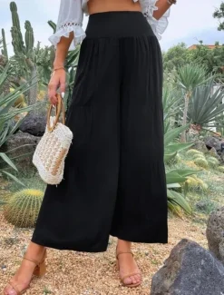 Women's Cotton Linen Pants Wide Leg Chinos Basic Casual Full Length High Waist Plain Elastic Waistband Comfy Soft Comfortable Stretchy Outdoor Street Black White Blue Light Purple Summer Spring