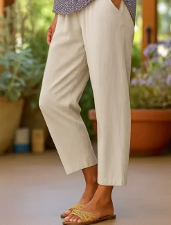 Women's Cotton Linen Pants Vacation Vintage Fashion Full Length Mid Waist Solid Color Comfy Quick Dry Breathability Micro-elastic Outdoor Vacation Office Black White Navy Blue Beige Fall Loose Fit