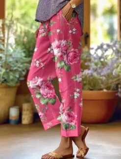 Women's Cotton Linen Pants Baggy Pants Linen Like Fashion Streetwear Full Length High Waist Floral Graphic Printing Thermal Warm Breathable Soft Micro-elastic Outdoor Daily Pink Fall Winter