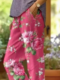 Women's Cotton Linen Pants Baggy Pants Linen Like Fashion Streetwear Full Length High Waist Floral Graphic Printing Thermal Warm Breathable Soft Micro-elastic Outdoor Daily Pink Fall Winter