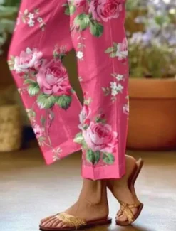 Women's Cotton Linen Pants Baggy Pants Linen Like Fashion Streetwear Full Length High Waist Floral Graphic Printing Thermal Warm Breathable Soft Micro-elastic Outdoor Daily Pink Fall Winter