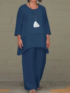 Women's Cotton Linen Sets Two Piece Sets Solid Color Fashion Round Neck Street Daily 2 Piece White Blue Khaki Gray Spring & Fall