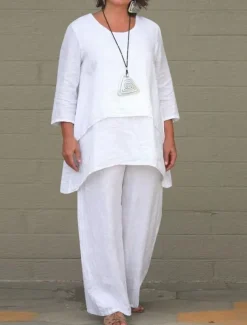 Women's Cotton Linen Sets Two Piece Sets Solid Color Fashion Round Neck Street Daily 2 Piece White Blue Khaki Gray Spring & Fall