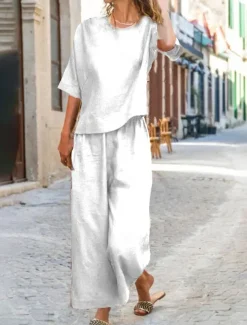 Women's Cotton Linen Sets Two Piece Sets Pure Color Hot Casual Comfort Home Daily Spring Fall