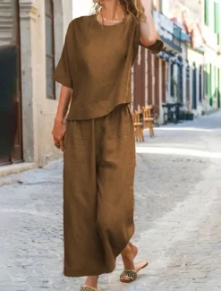 Women's Cotton Linen Sets Two Piece Sets Pure Color Hot Casual Comfort Home Daily Spring Fall