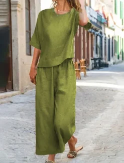 Women's Cotton Linen Sets Two Piece Sets Pure Color Hot Casual Comfort Home Daily Spring Fall