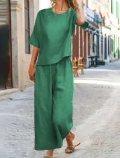 Women's Cotton Linen Sets Two Piece Sets Pure Color Hot Casual Comfort Home Daily Spring Fall