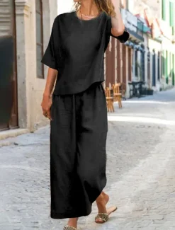 Women's Cotton Linen Sets Two Piece Sets Pure Color Hot Casual Comfort Home Daily Spring Fall