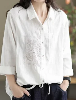 Women's Cotton Linen Shirts Solid Color Vintage Basic Casual Long Sleeve Shirt Collar Regular Tops Daily Embroidered Pocket Buttons White Yellow Green Summer Spring Fall