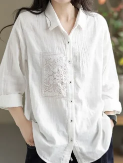 Women's Cotton Linen Shirts Solid Color Vintage Basic Casual Long Sleeve Shirt Collar Regular Tops Daily Embroidered Pocket Buttons White Yellow Green Summer Spring Fall
