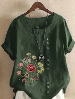 Women's Cotton Linen Shirts Floral Graphic Elegant Daily Basic Short Sleeve Crew Neck Regular Tops Daily Holiday Vacation Wear Buttons Grass Green White Yellow Army Green Navy Blue Summer