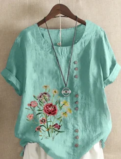Women's Cotton Linen Shirts Floral Graphic Elegant Daily Basic Short Sleeve Crew Neck Regular Tops Daily Holiday Vacation Wear Buttons Grass Green White Yellow Army Green Navy Blue Summer