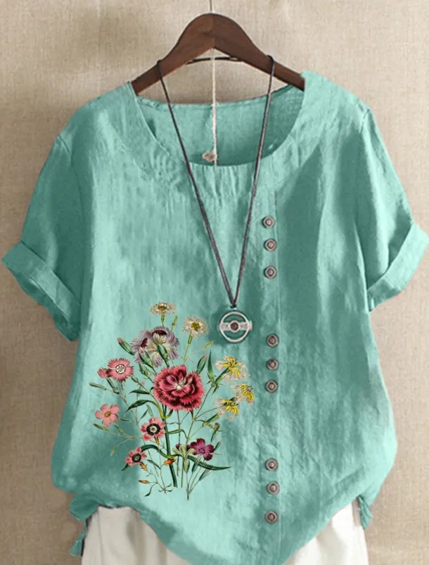 Women's Cotton Linen Shirts Floral Graphic Elegant Daily Basic Short Sleeve Crew Neck Regular Tops Daily Holiday Vacation Wear Buttons Grass Green White Yellow Army Green Navy Blue Summer