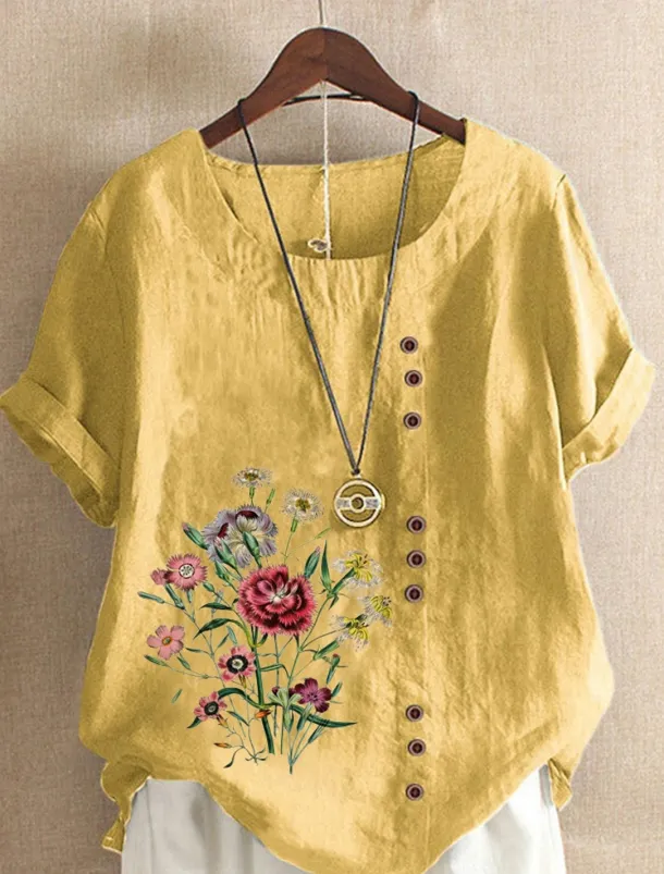Women's Cotton Linen Shirts Floral Graphic Elegant Daily Basic Short Sleeve Crew Neck Regular Tops Daily Holiday Vacation Wear Buttons Grass Green White Yellow Army Green Navy Blue Summer