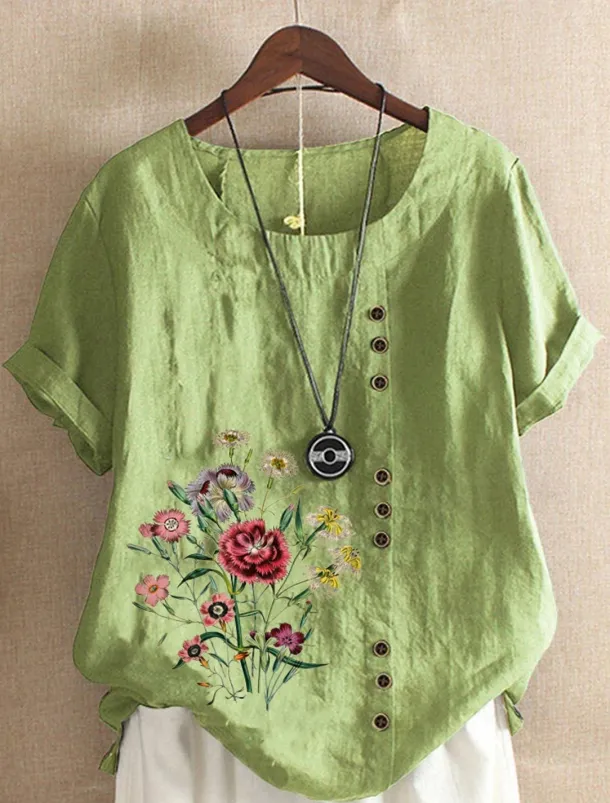 Women's Cotton Linen Shirts Floral Graphic Elegant Daily Basic Short Sleeve Crew Neck Regular Tops Daily Holiday Vacation Wear Buttons Grass Green White Yellow Army Green Navy Blue Summer