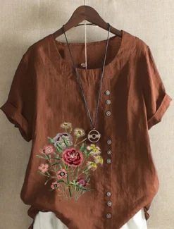 Women's Cotton Linen Shirts Floral Graphic Elegant Daily Basic Short Sleeve Crew Neck Regular Tops Daily Holiday Vacation Wear Buttons Grass Green White Yellow Army Green Navy Blue Summer