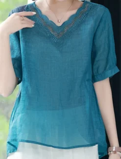 Women's Cotton Linen Shirts Solid Color Elegant Stylish Basic Short Sleeve V Neck Regular Tops Daily Embroidered Blue Summer Spring
