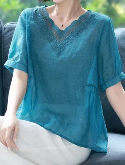 Women's Cotton Linen Shirts Solid Color Elegant Stylish Basic Short Sleeve V Neck Regular Tops Daily Embroidered Blue Summer Spring