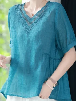 Women's Cotton Linen Shirts Solid Color Elegant Stylish Basic Short Sleeve V Neck Regular Tops Daily Embroidered Blue Summer Spring