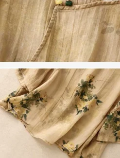 Women's Cotton Linen Shirts Floral Casual 3/4 Length Sleeve Crew Neck Regular Tops Daily Buttons Print Yellow Pink Green Summer